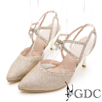 GDC-華麗殿堂鑲鑽簍空尖頭涼跟鞋-金色