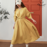 OUWEY歐薇 簡約綁帶連袖長洋裝(黃色；S-L)3241327002