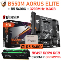 AMD RYZEN 5 5600G CPU Combo B550 Gigabyte B550M AORUS ELITE AM4 Motherboard DDR4 3200MHz 16GB Kingston RAM RGB Ryzen Kit 5600G