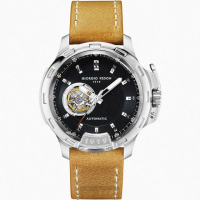 【GIORGIO FEDON 1919】GiorgioFedon1919手錶GF00121(黑色雙面機械鏤空錶面銀錶殼咖啡色真皮皮革錶帶款)
