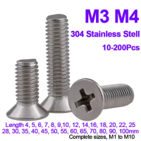 Small M3 M4 304 Stainless Steel Cross Phillips Flat Countersunk Head Screw Bolt Length 4, 5, 6, 7,8, 9,10, 12, 14,16,18,20-100mm