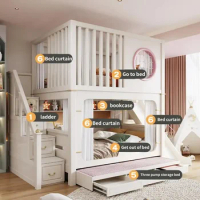 Low Kids Bed With Ladder Cabinet Safety Fence Bunk Bed Multifunctional Solid Wood Children Bed For Boy And Girl