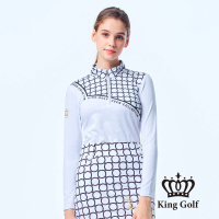 【KING GOLF】實體同步款-女款滿版圓點幾何立領拉鍊薄款長袖POLO衫/高爾夫球衫(白色)