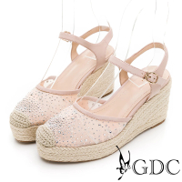 【GDC】蕾絲甜心水鑽簍空草編春夏楔型厚底涼鞋-粉色(312432-13)