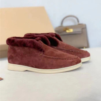 Open Walk Chukka Short Boots For Women 2023 Flat Chukka Shoes Women's Cow Suede Leather Loafers Natural Fur Winter Snow Boots