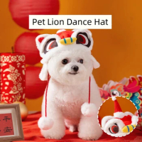 3D Lion Dance Hat for Pet Role Play, Cute and Warm Hat with Small Ball, Chinese New Year Costumes, Pet Accessory, Cat and Puppy