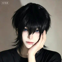 Wig cosplay Miyamura Izumi, kepala samurai unisex, ekor serigala, poni hitam, hiasan kepala lengkap.