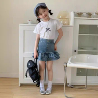 Korean Clothing 2024 Summer Girls Denim Short Big Treasure Flower Bud Skirt, Children's Tight Fitting Half Skirt