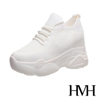 【HMH】經典純色飛織綁帶造型透氣舒適內增高厚底休閒鞋(白)