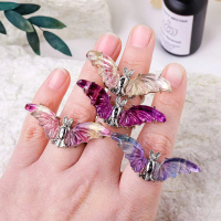 Nhẫn Dơi Fluorite, Đầy Màu Sắc, Pha Lê Tự Nhiên, Chạm Khắc Đá Fluorite Chính Hãng Màu Tím, Nhẫn Fluo