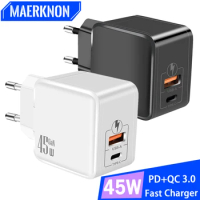 GaN USB PD Charger 45W 2 Ports Type C Wall Charger Quick Charger 3.0 For iPhone Xiaomi Samsung Huawei USB C Phone Charge Adapter