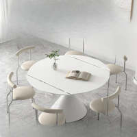 Cream Style Pure White Matte Stone Plate Dining Table Rotating Retractable Folding