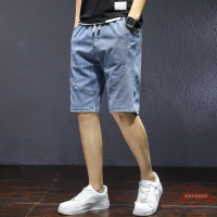 潮牌時尚牛仔短褲 彈性寬鬆五分褲 五分褲男鬆緊腰抽繩休閒短褲 大尺碼男生直筒短褲 潮流哈倫短褲