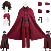 Suehiro Cosplay Costume Anime Hunting Dogs Okura Tetchō Suehiro Cosplay Red Uniform Brown Hair Anime Hat Gloves Cloak