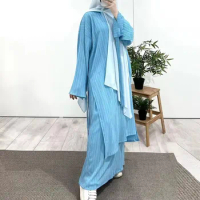 Co Ord 2 Piece Pleated Stripe Set Ramada Islamic Clothing Women Modest Abaya Loose Split Side Tunics Oversize Skirts Baju Kurung