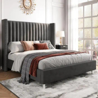King/Queen Size Bed Frame, Velvet Tufted Upholstered Platform Bed Frame with Vertical Channel Tall Wingback Headboard