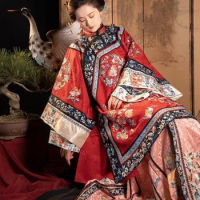 Women's Han Chinese Clothing Qing Dynasty Wear Printed Placket Cappa Pluvialis Horse-Face Skirt Full Set
