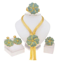 Women's Jewelry Set 24K Gold Plated Flower Bud Necklace Woven Pendant Big Earrings Luxurious Stone Bracelet Flower Ring