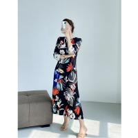【巴黎精品】皺褶洋裝日系連身裙-三宅風長袖印花修身女裙子3色a1jb59