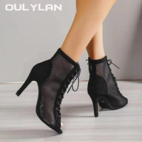 Fashionable Women's Shoes Lace up High Heels Sandals Ladies Mesh Cool Boots Slim Heels Oversized Jazz Dance Shoes Fish Billed