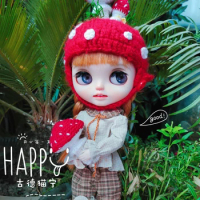 Blythe hat Mushroom ear protection hand woven wool hat (Fit blythe、qbaby Doll Accessories)