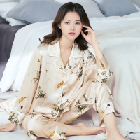 100% Natural Silk Pajama for Women Beige Print Pyjamas PJ Set Full Sleeve Sleepwear Summer Night Wear 100% Silk Pijamas Female