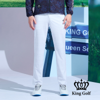 【KING GOLF】男款側腰鬆緊千鳥紋格紋印花高爾夫球長褲-白色