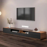 Modern Wood Black TV Stand, Lowline Media Console with 4 Drawers, Open Storage Cabinet, Walnut Veneer, Fully-assembled, 94"
