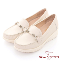 【CUMAR】輕量化厚底台真皮休閒鞋-米白