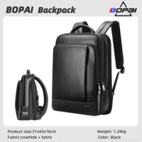 (Super Big Promotions) BOPAI Genuine Leather Backpack Men Business Casual Computer Backpack Black Cowhide Leather Backpack