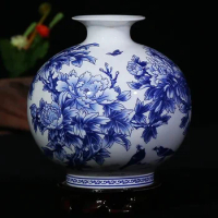 Chinese Style Jingdezhen Blue White Porcelain Vases Fine Bone China Vase Peony Decorated High-Quality Ceramic Vase