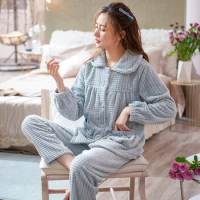 High Quality Flannel Women Pajama Set Autumn Winter Thick Warm Coral Fleece Sleepwear Homewear For Female Peignoir Women Clothes