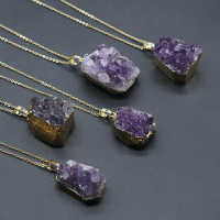 純天然巴西紫水晶原石吊墜 紫水晶項鏈原礦包K金 原石掛墜紫晶簇