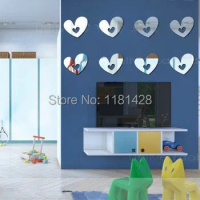 Cartoon heart-shaped decorative mirror stickers romantic bedroom corridor 3D acrylic wall mirror sticker ,10pcs/lot