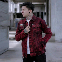 Jaket Jeans Pria Sandwash Red Bordir Original The Bojiel Musim dingin Santai