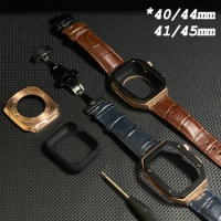 44 45mm Luxury Stainless Steel Case For Apple Watch 8 7 6 5 4 SE 41mm 40mm Metal Case Frame Bezel Leather Strap Modification Kit