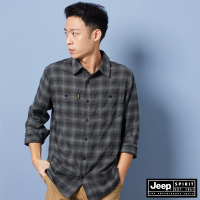 JEEP 男裝 經典格紋純棉LOGO長袖襯衫-黑色