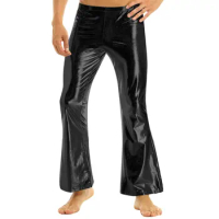 Adult Mens Shiny Metallic 70's Disco Pants Bell Bottom Flared Long Pants Dude Costume Trousers Fashion Theme Party Clubwear New