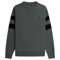 【FRED PERRY】男款 品牌刺繡LOGO 圓領羊毛混紡針織衫-深綠色(M號、L號、XL號)
