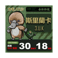 【platypus 鴨嘴獸】3UK 斯里蘭卡 30天18GB 上網卡(支援 歐亞美、法國、奧地利、瑞士、挪威 等多國通用)