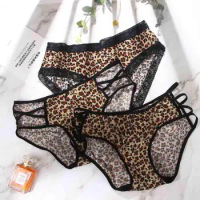 Women Bownot Transparent Low waist Lace Thongs Underwear Leopard Panties Briefs