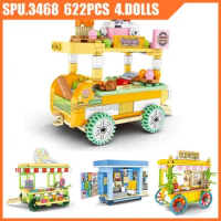 601109-12 622pcs Pastry Book Popcorn Newspaper Lollipop Store Street Shop Car Van 4 Dolls Building Blocks Toy Brick