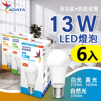 【ADATA 威剛】13W 高亮度 LED燈泡 - 6入組(高效能 省電 節能 高流明)