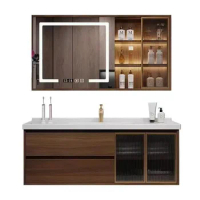 New Vintage Walnut Color Bathroom Cabinet Smart Mirror Ceramic Integrated Basin Bathroom Vanity Cabinet With Sink