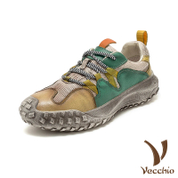 【Vecchio】真皮運動鞋 牛皮運動鞋/真皮頭層牛皮彩色撞色色塊拼接舒適休閒運動鞋(米)