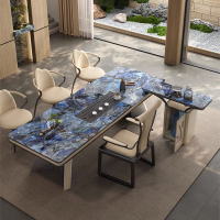 現代輕奢巖板茶桌椅組合高端辦公室長條泡茶桌大戶型簡約大板茶臺