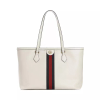 GUCCI [12.12 Dealcember] GG Web Medium Ophidia Textured Calfskin Tote Bag White