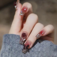 2025 Coral Red Blush Medium Long Ballet Nail Crystal Butterfly Camellia Pearl Combination Nail Tips 