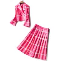 Skirt Suits Set Women Elegant Plaid Blazer Suit Jacket High Waist Pleated Skirt Runway Luxury Designer Two Piece Set Plus Size