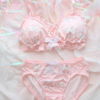 Pink Milk Silk Bra&Panties Set Bows Wirefree Soft Underwear Sleep Intimates  Set